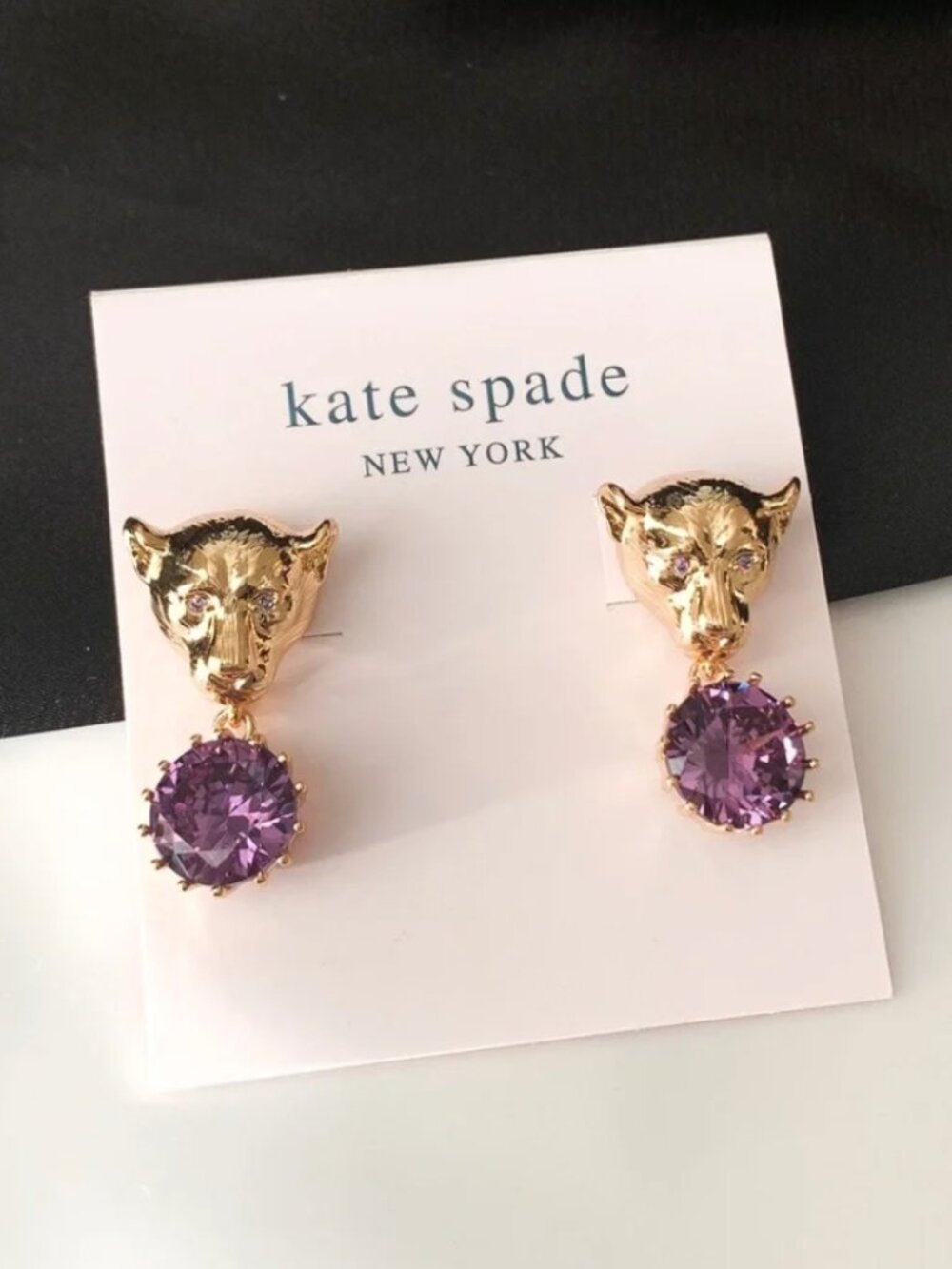 Kate Spade Leopard Head Drop Earrings Gold Tone Purple Crystal Statement Earring